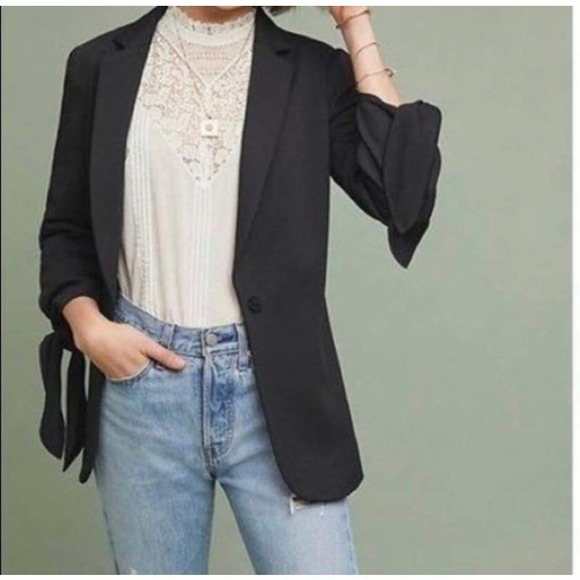 ANTHROPOLOGIE Cartonnier Black Ribbon Tie Wrist Blazer Jacket US 8 - Picture 1 of 16